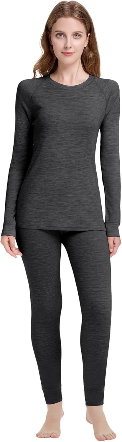 Women's Merino Wool Base Layer Sets Thermal Underwear Ski 2PC Top & Long Johns