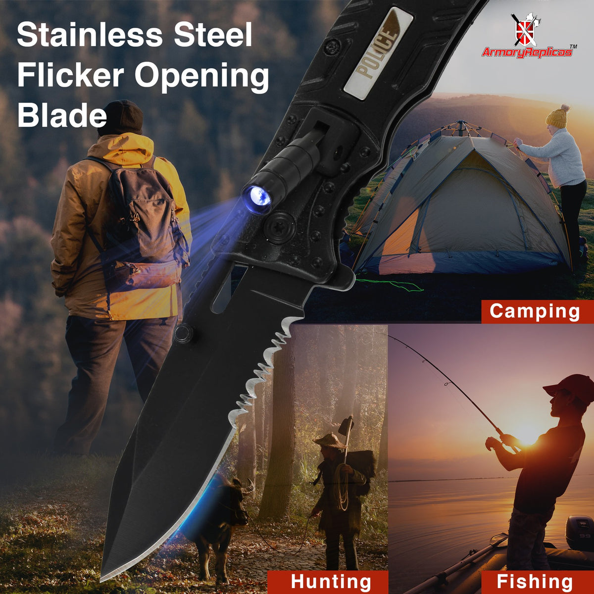Emergency Tactical Knife with LED Light, Glass Breaker & Seat Belt Cutter