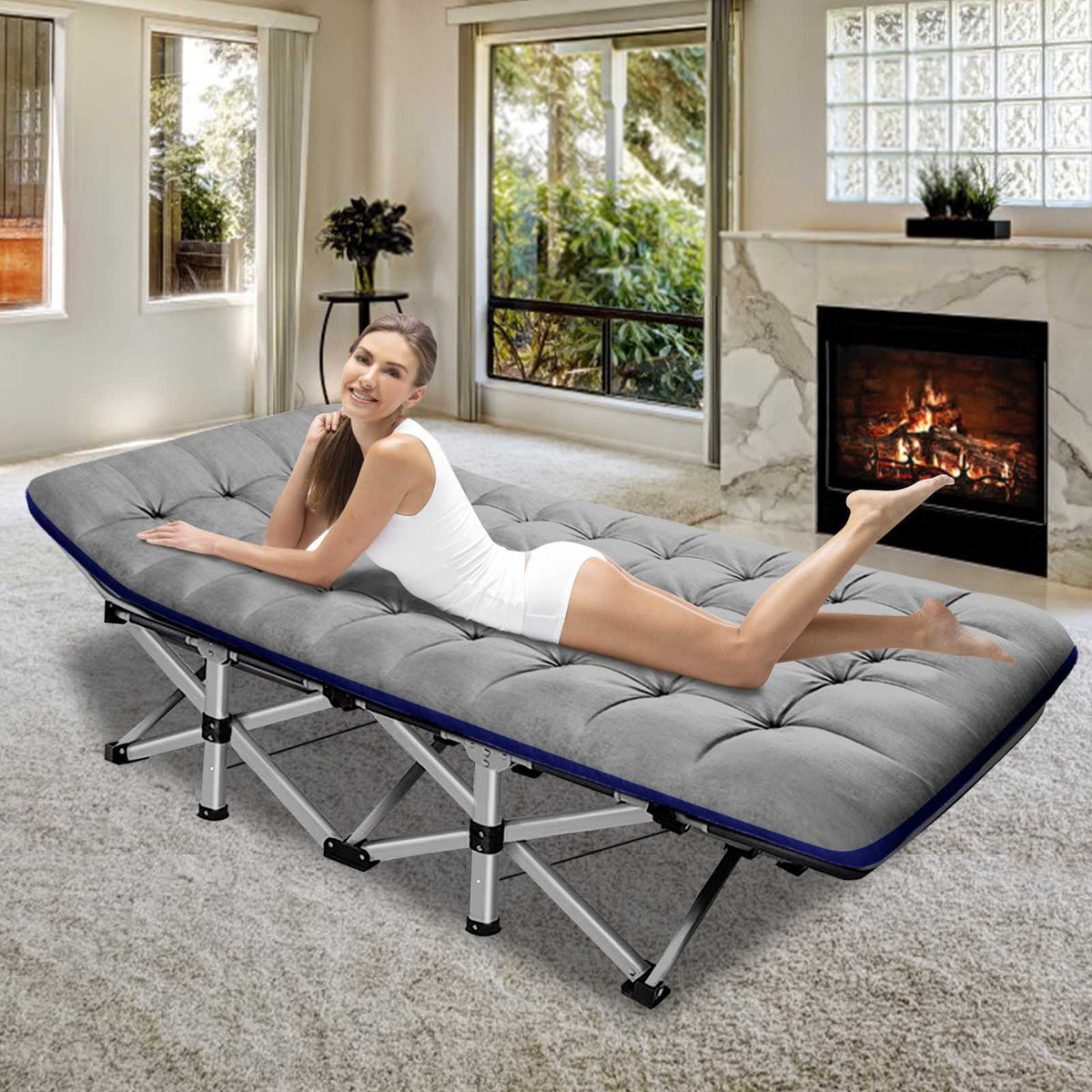 Portable Camping Cot with Foldable Design, 2-Side Mattress & Storage Bag