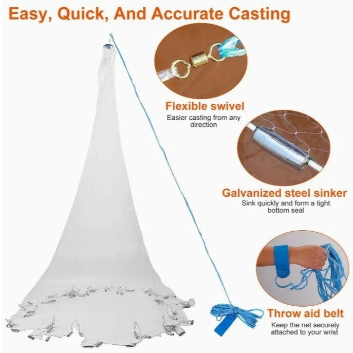 Fishing Cast Net for Bait - Multiple Sizes, Easy Throw Nylon Mesh