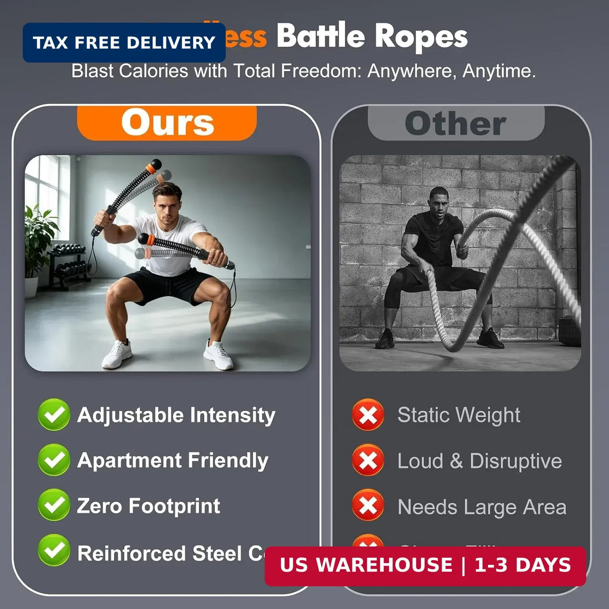 Adjustable Weighted Battle Ropes for Home Gym HIIT Workout - Cordless Fitness Rope