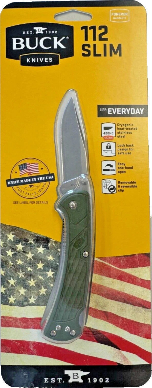Buck 112 Slim Select Folding Knife with O.D. Green Nylon Handle, 3-Inch Blade