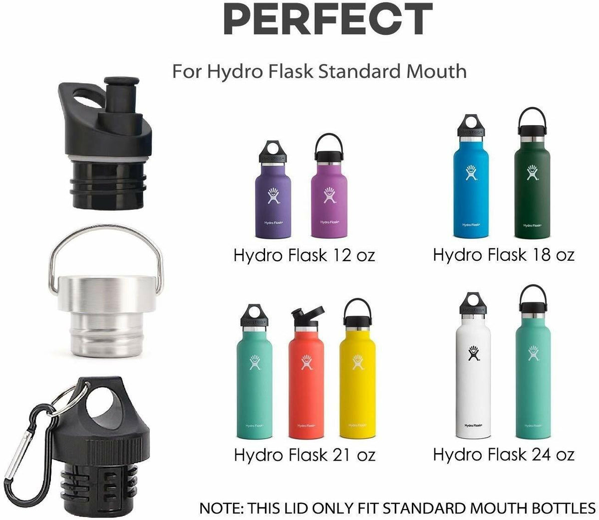 Replacement Stainless Steel & Bite Valve Lids for Hydro Flask Standard Mouth Water Bottle Set