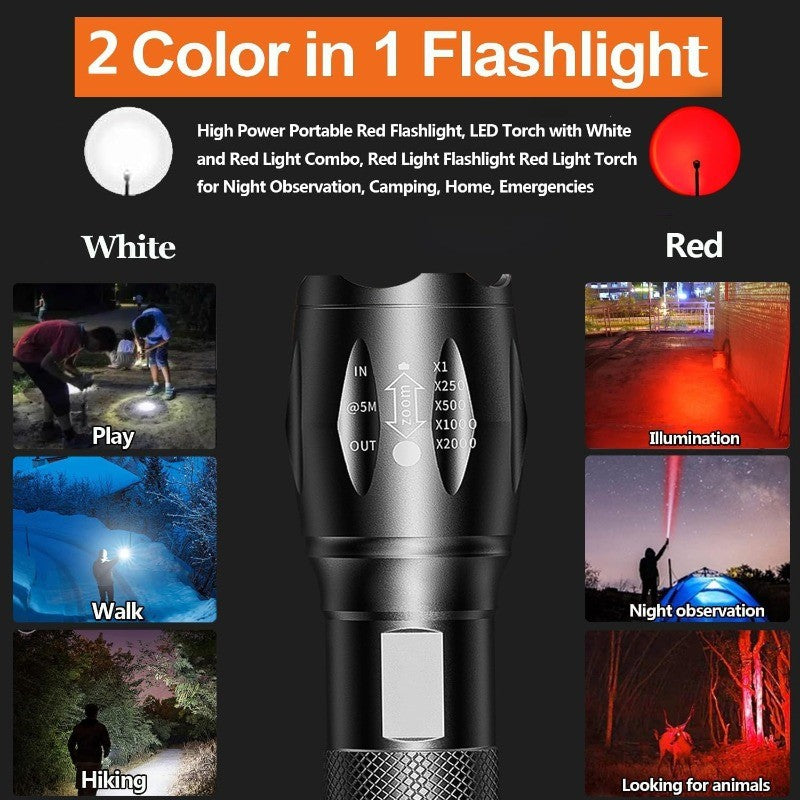 Rechargeable 2-in-1 LED Flashlight with White and Red Light, Waterproof