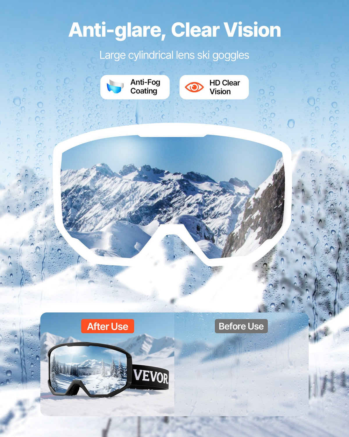 Ski Goggles with Cylindrical Lens & Ice Blue Revo Coating - Snowboard & Ski Gear