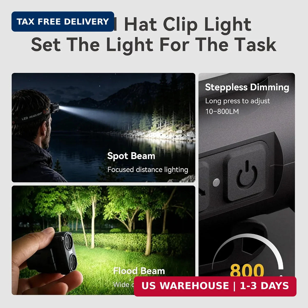 Rechargeable LED Headlamp & Cap Light 800 Lumens, Waterproof & Dimmable