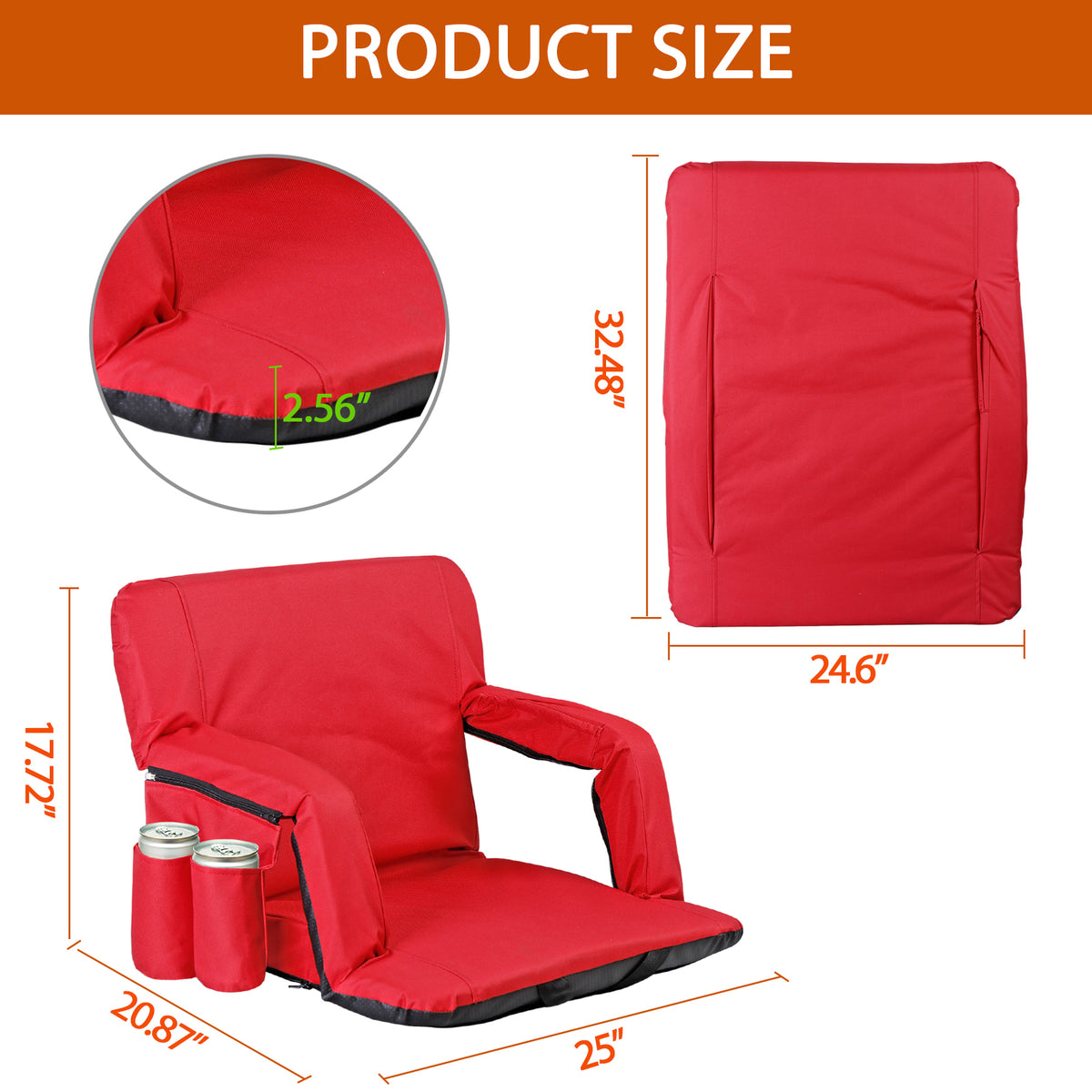 Portable Stadium Seat with Recline & Padded Backrest - Red
