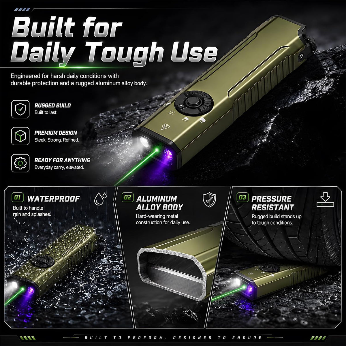 Rechargeable 3-in-1 LED Flashlight with UV and Green Light - Waterproof Portable Work Light