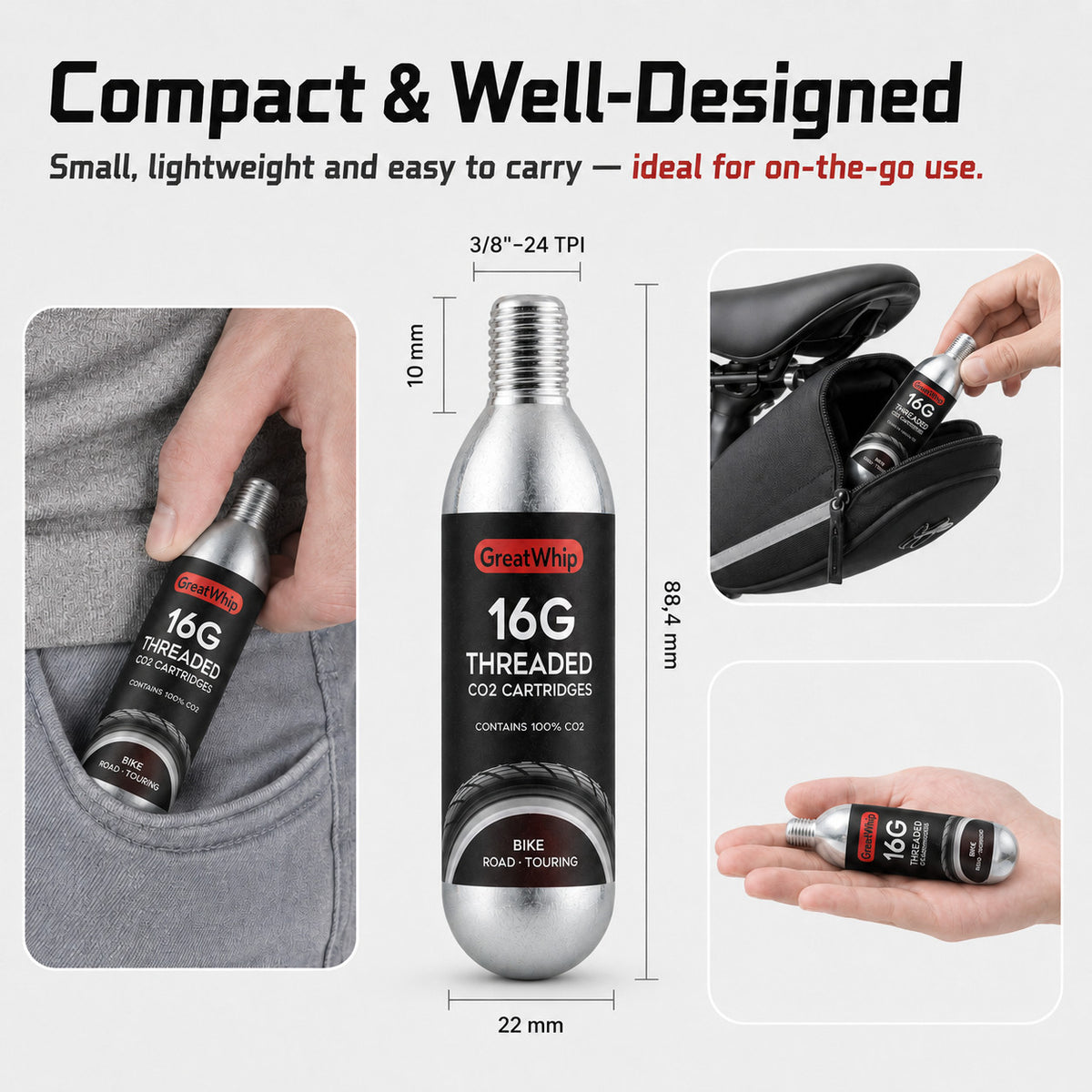 CO2 Bicycle Tire Inflator Cartridge 16g for Bike Mountain & Road Tires