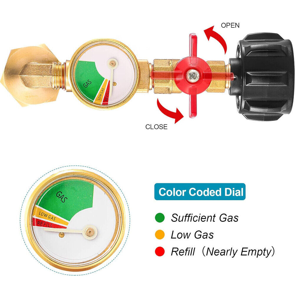 Propane Refill Adapter with Gauge & ON-Off Valve for 1-20Lb Tanks