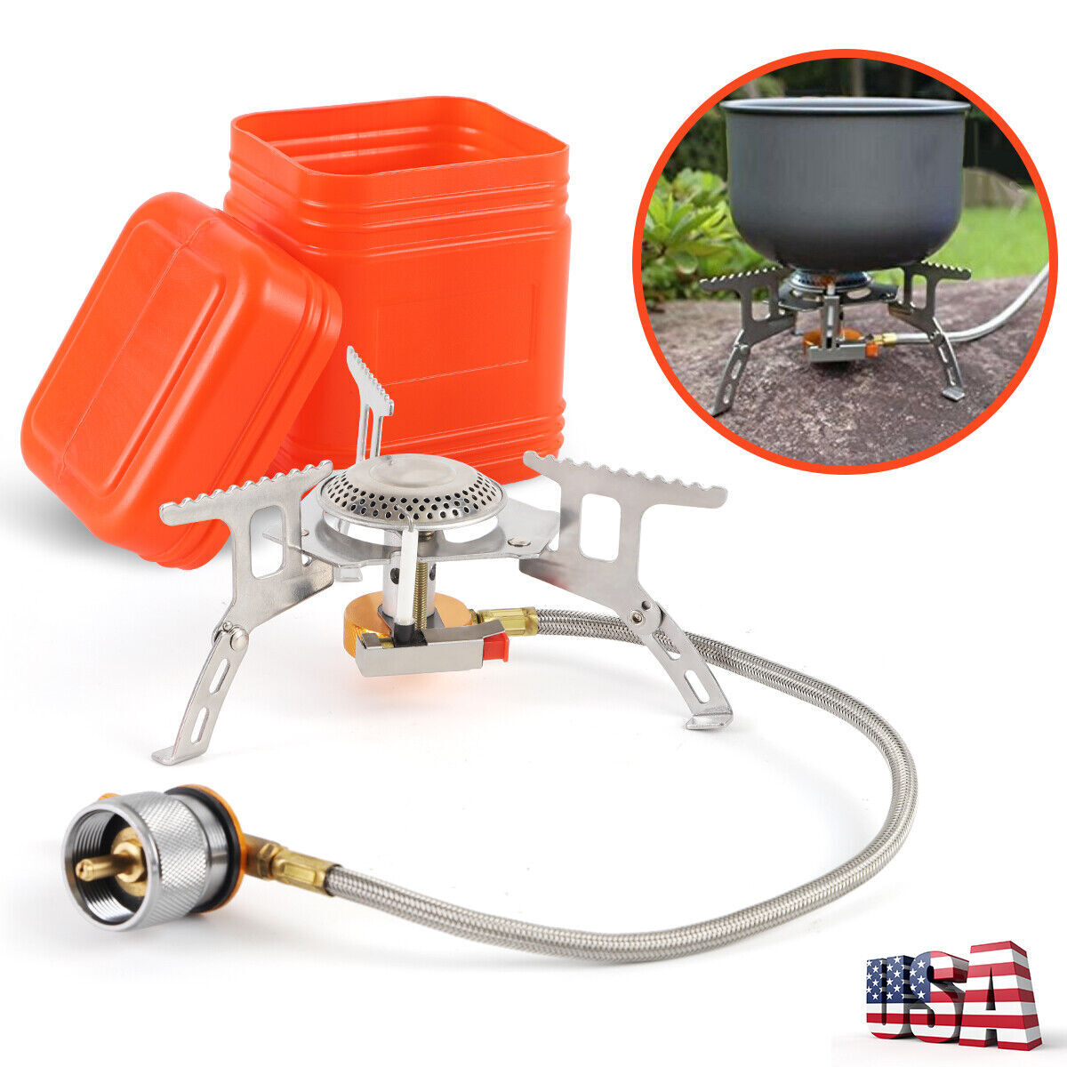 Portable Gas Camping Stove 3700W with Adapter & Piezo Ignition