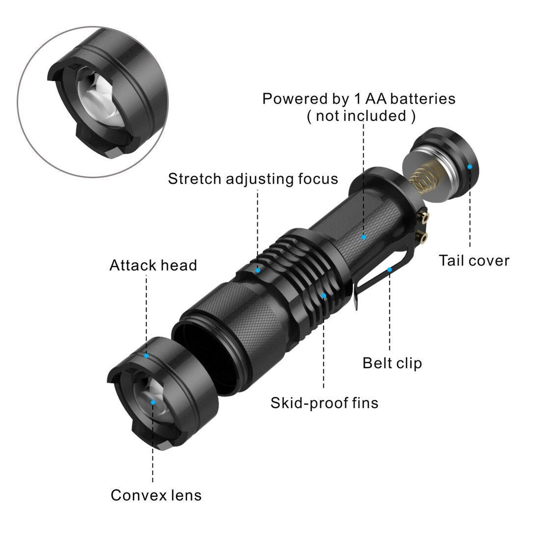 Mini LED Flashlight Torch with Adjustable Focus 6-Pack, Waterproof & Portable