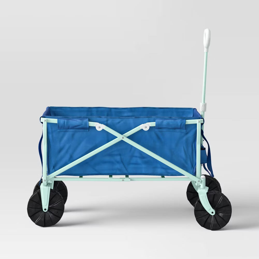 Flat Folding Wagon with Adjustable Handle and Pockets - Blue Garden & Outdoor