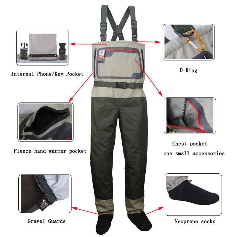 Fly Fishing Chest Waders Waterproof Breathable Stocking Foot Waders for Outdoors