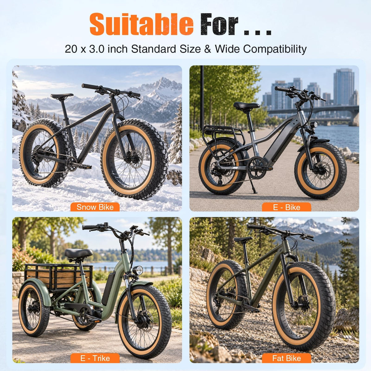 Fat Bike Tire 20x3.0 Inch Set with Inner Tubes - Durable Replacement for Mountain & E-Bikes