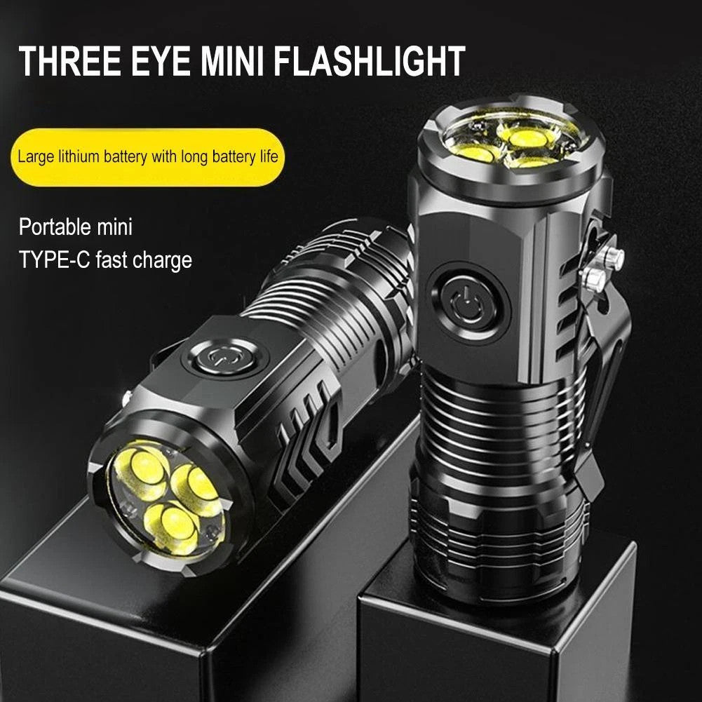 Mini Triple-Eyed Waterproof LED Flashlight - Rechargeable, Portable, Outdoor Use