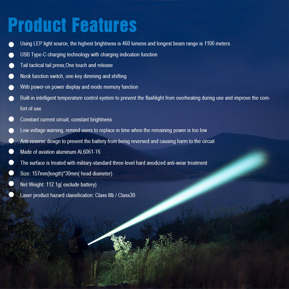 High-Brightness Tactical Laser Flashlight 1100m Range USB-C Rechargeable