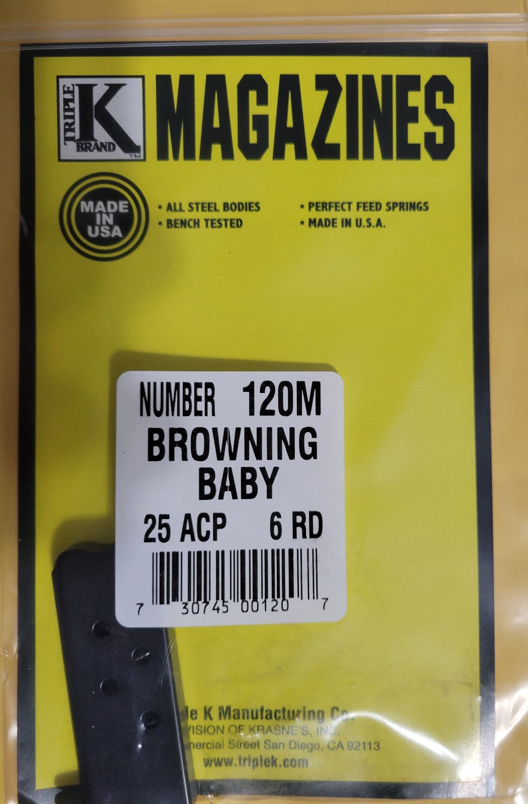 Baby Browning 25ACP 6-Round Magazine - Black Triple K Replacement
