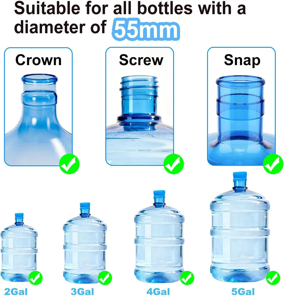 Reusable 5 Gallon Water Jug Caps Leak-Proof Bottle Lids - 55mm, Blue