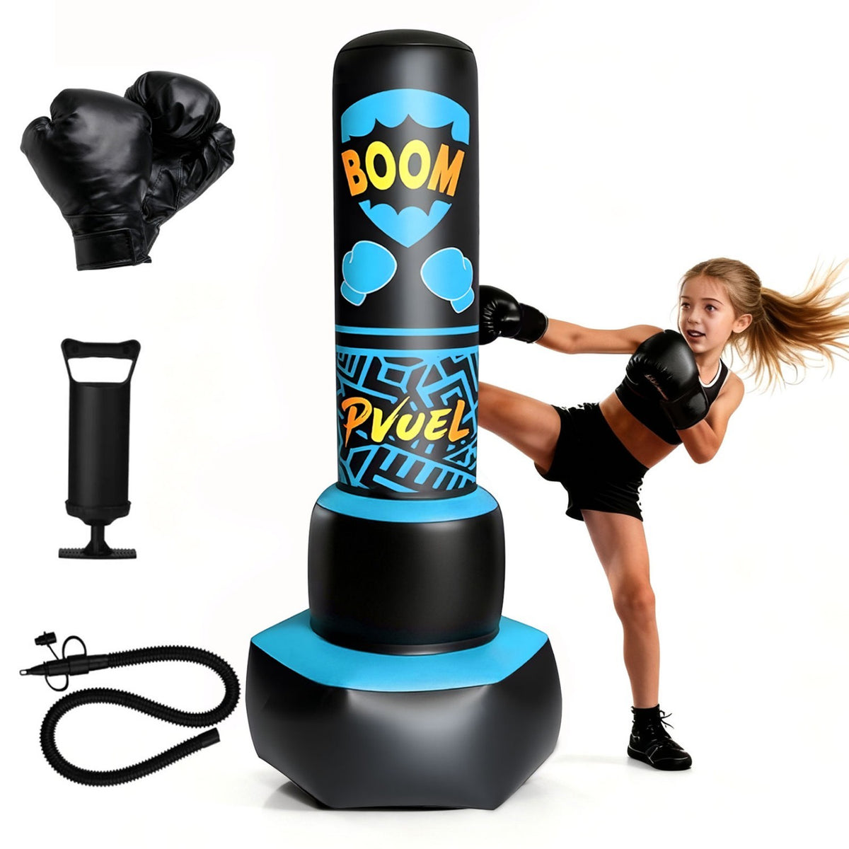 Kids Punching Bag Set with Gloves and Pump - Inflatable Freestanding Martial Arts Toy