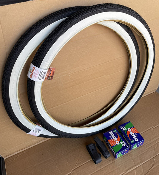 26 Inch Beach Cruiser Bike White Wall Tires & Tubes Pair - Lowrider Style