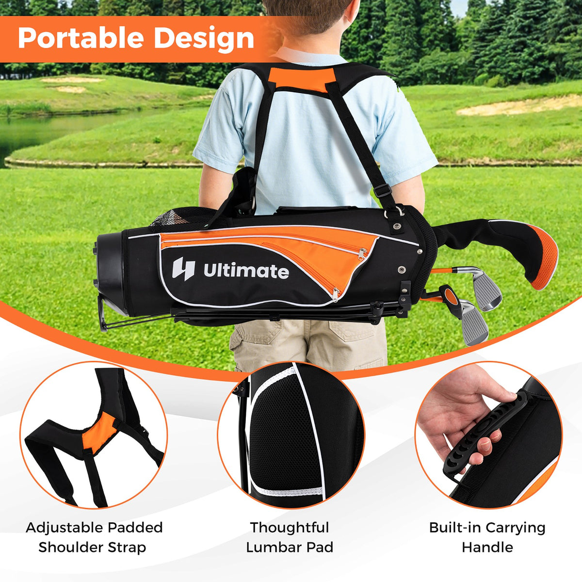 Kids 28-Inch Complete Golf Club Set with Stand Bag - Yellow, Beginner Friendly