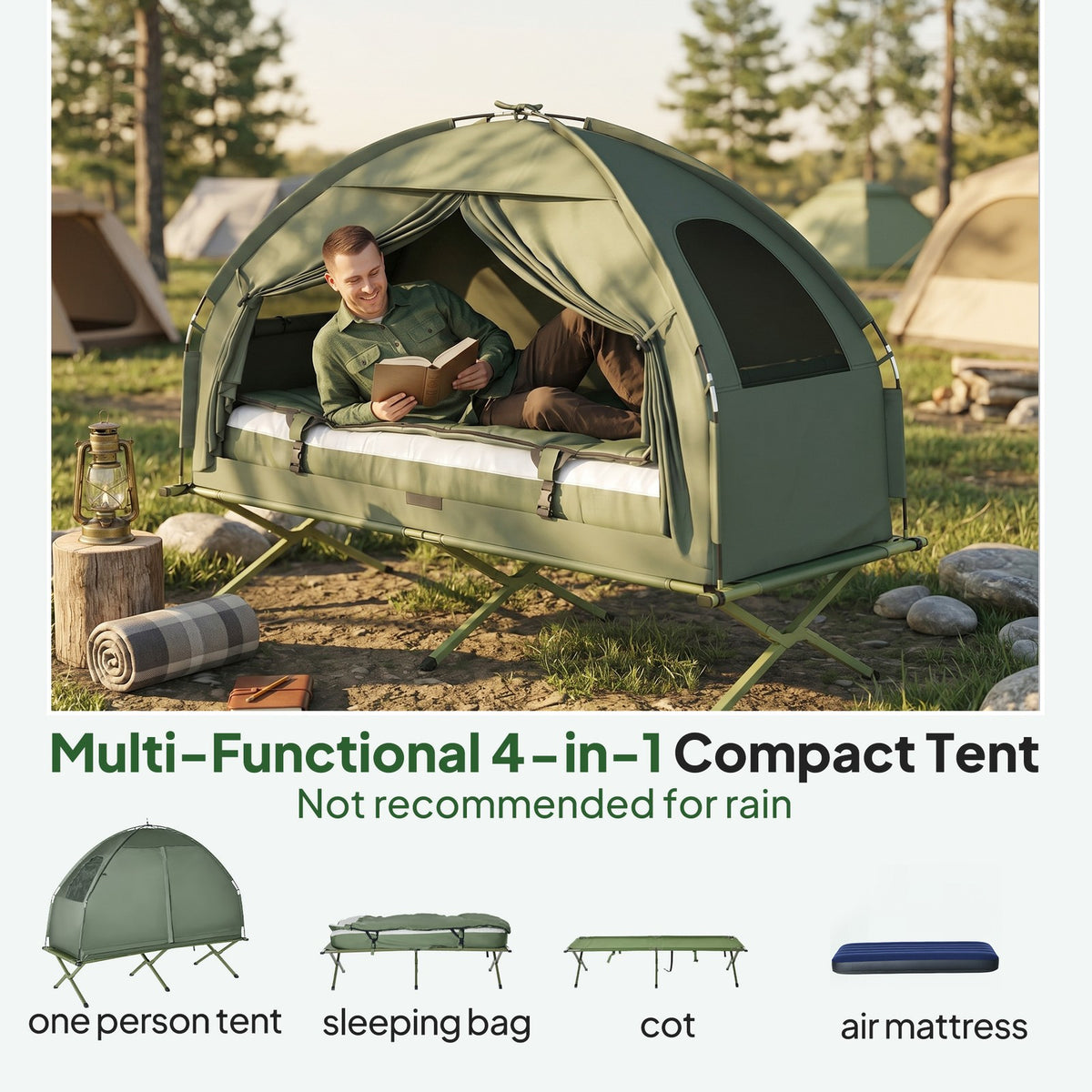 Outdoor Camping Tent Cot with Air Mattress and Sleeping Bag - Portable, Elevated Bed Set