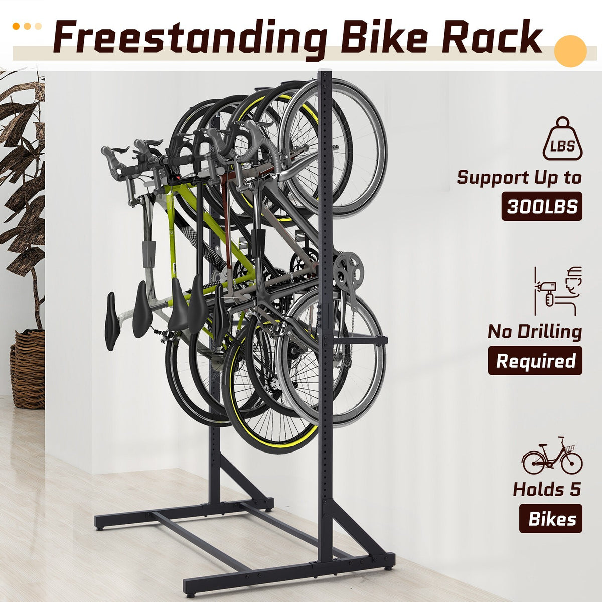Freestanding Bike Storage Rack 300 lbs Capacity for 5 Bikes - Black