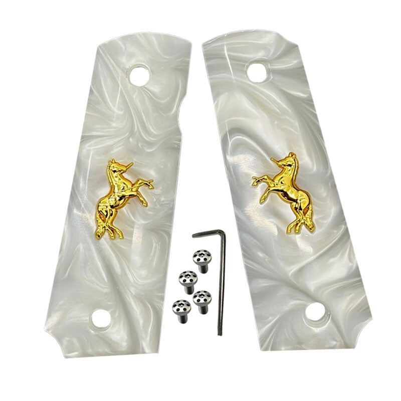 1911 Full Size Gun Grips White Pearl with Gold Horse & Screws - Fits Colt Springfield