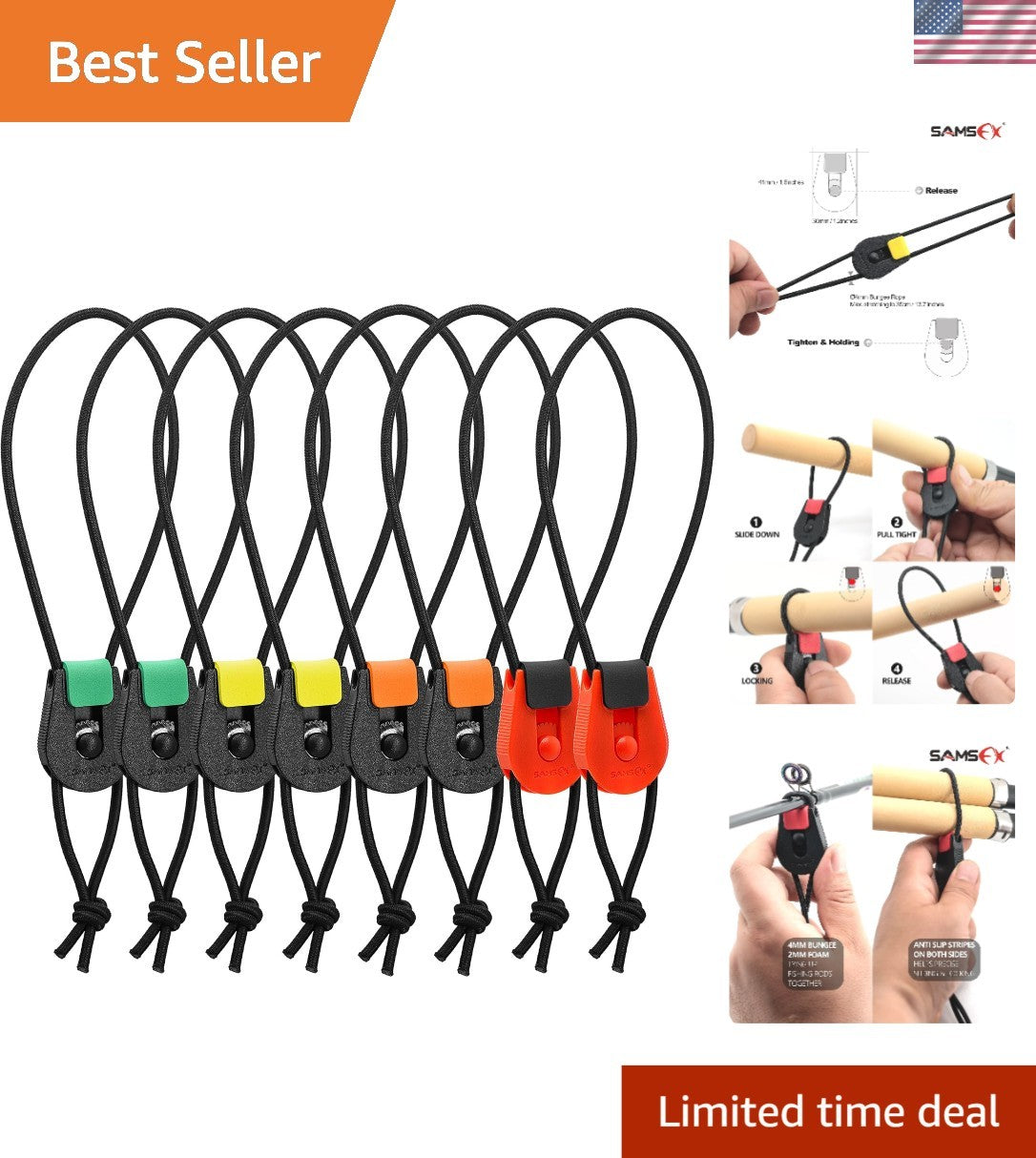 Adjustable Fishing Rod Straps Pack of 8 with Color-Coded Elastic Bands