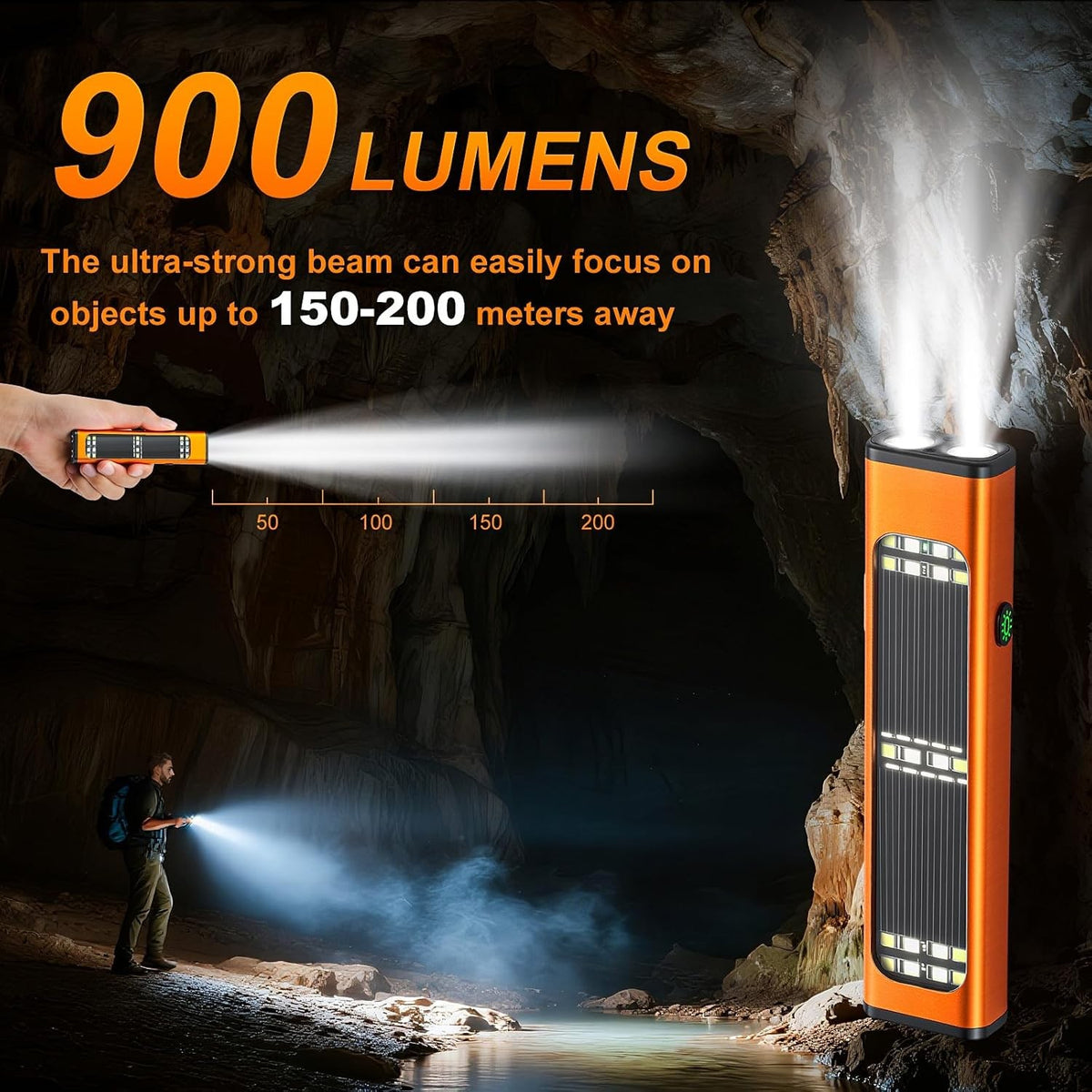 Rechargeable Solar Flashlight 900 Lumens IP65 Waterproof Portable LED Torch