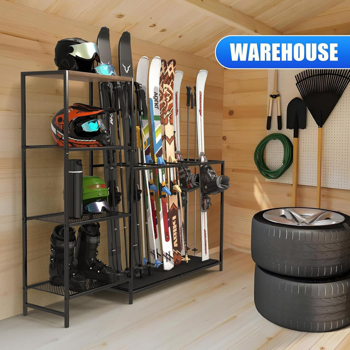 Freestanding Ski Rack with Adjustable Bars for Winter Sports Equipment - Black