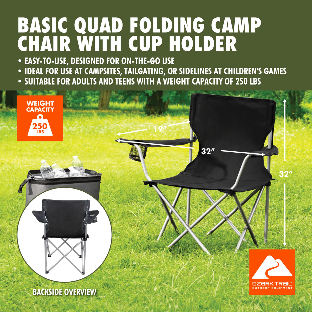 Ozark Trail Quad Folding Camp Chair with Cup Holder - Portable Outdoor Seating