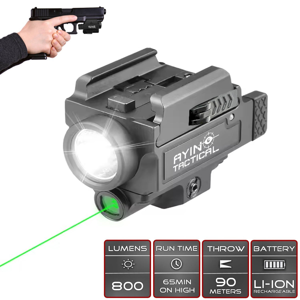 800 Lumen LED Pistol Light with Green Laser, Rechargeable & Quick Detach Mount
