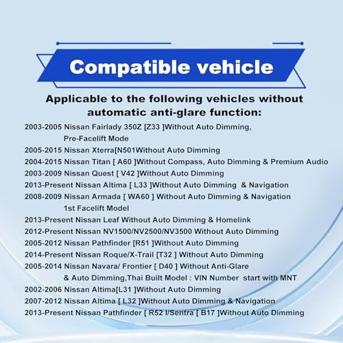 Interior Rear View Mirror Assembly Compatible with Nissan Rogue Altima NV1500 NV2500 NV3500