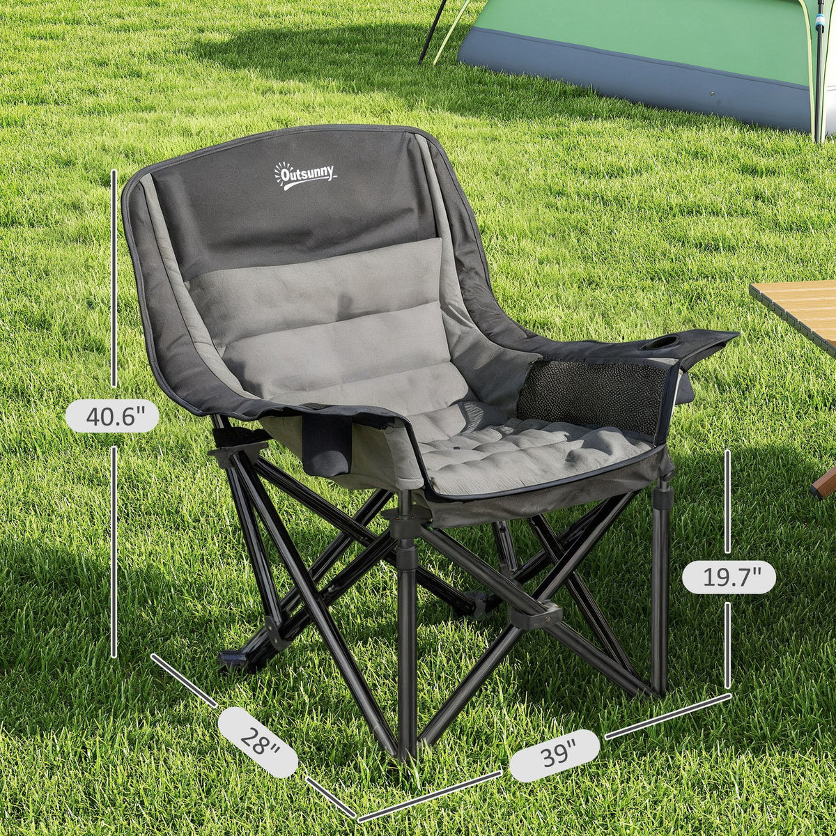 Portable Folding Camping Chair with High-Density Padding, Cup Holders and Side Pockets, Black and Gray