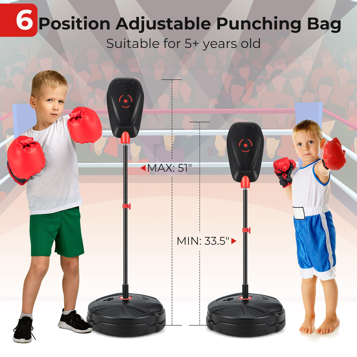 Kids Punching Bag Set with Adjustable Height & Anti-Tip Base