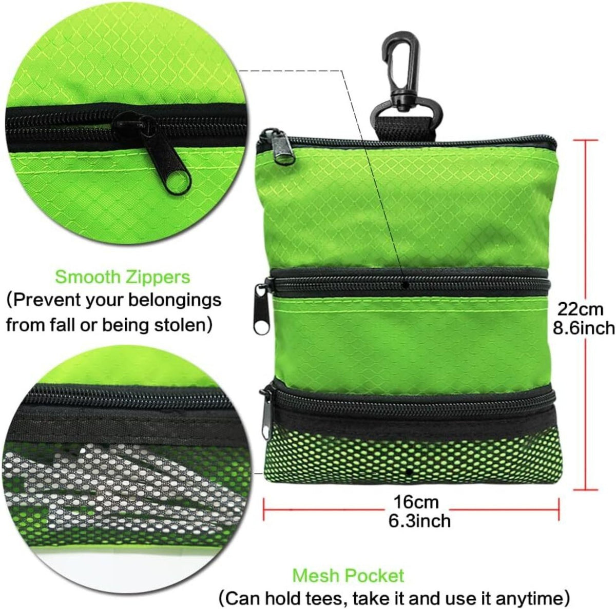 Golf Bag Valuables Pouch with Multiple Pockets and Zipper Hook - Portable Golf Accessory