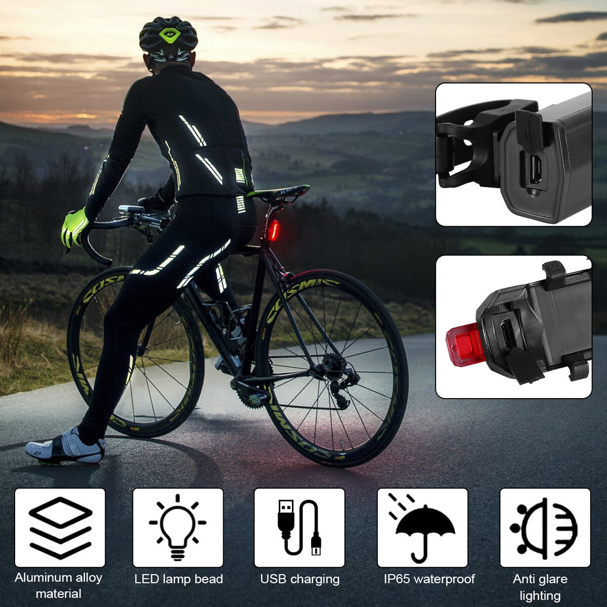 USB Rechargeable Bicycle Front and Rear LED Headlight Set - Waterproof Cycling Lights