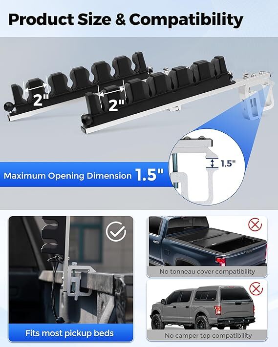 Heavy-Duty Aluminum 6-Rod Truck Bed Fishing Rod Rack Mount Vertical & Horizontal