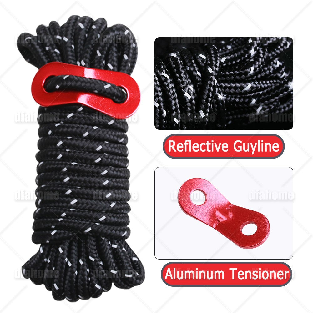 Reflective Tent Guy Lines Kit with Aluminum Tensioners and Stakes - Heavy Duty Camping Rope Set