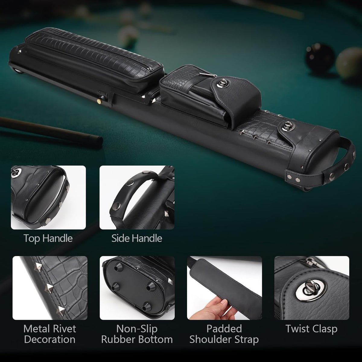 2x4 Pool Cue Case Hard Faux Leather with Stand Holds 2 Butts & 4 Shafts Deluxe