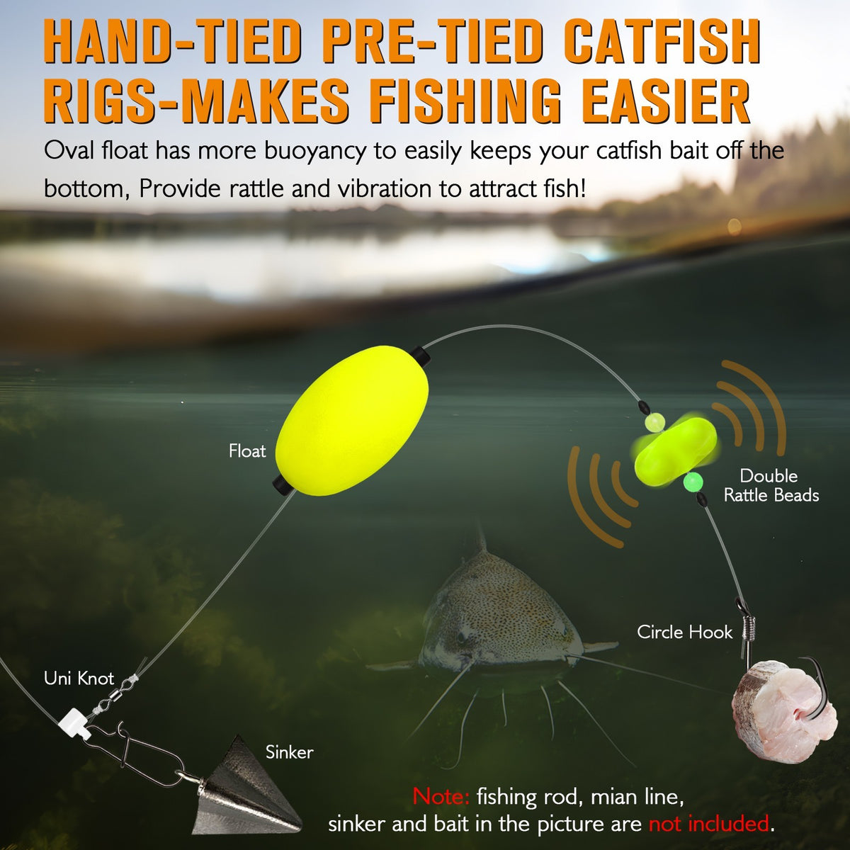 Catfish Rig with Oval Float & 8/0 Circle Hooks - Double Rattle Beads, Ready Tied Fishing Tackle