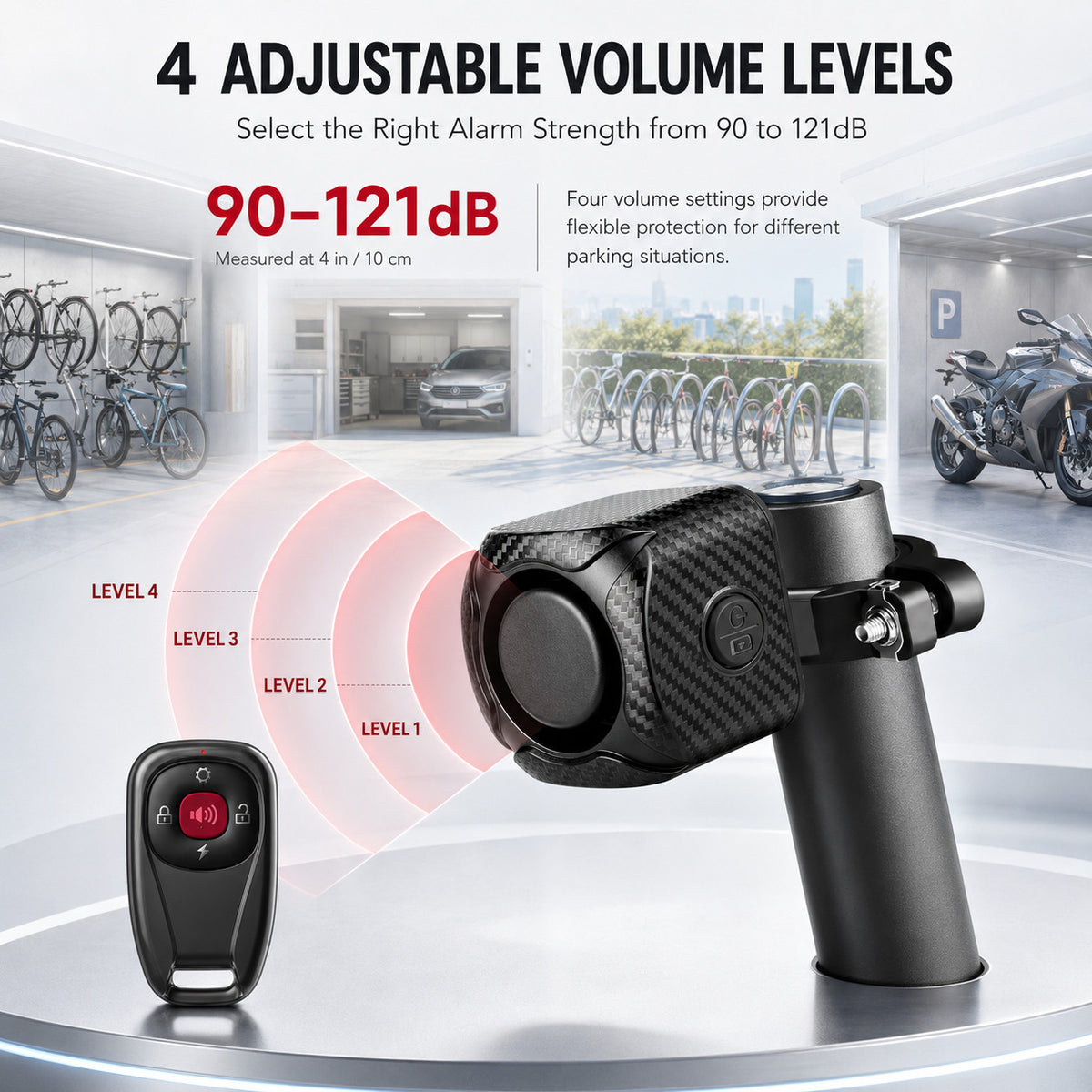 Wireless Bike Alarm with Vibrating Remote 121dB Security System IP65 Rechargeable