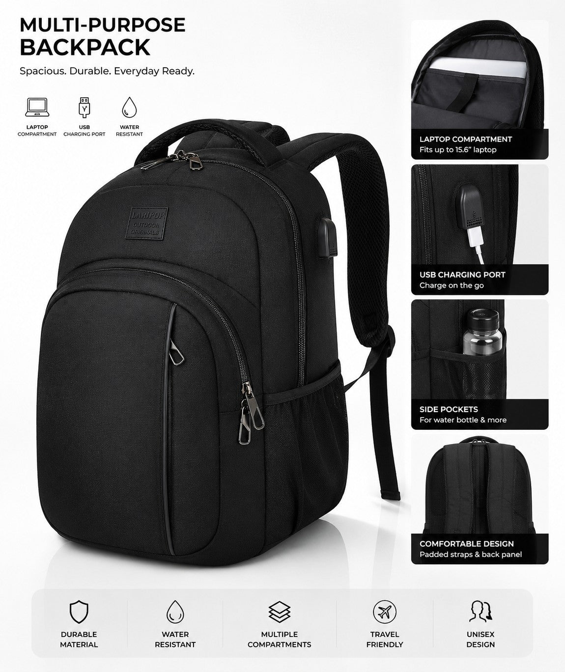 15.6-Inch Water-Resistant Laptop Backpack with USB Charging Port