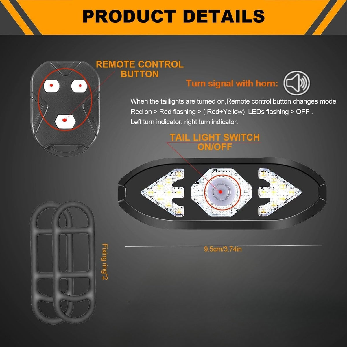 Wireless Bike Tail Light with Turn Signals Remote Control USB Rechargeable