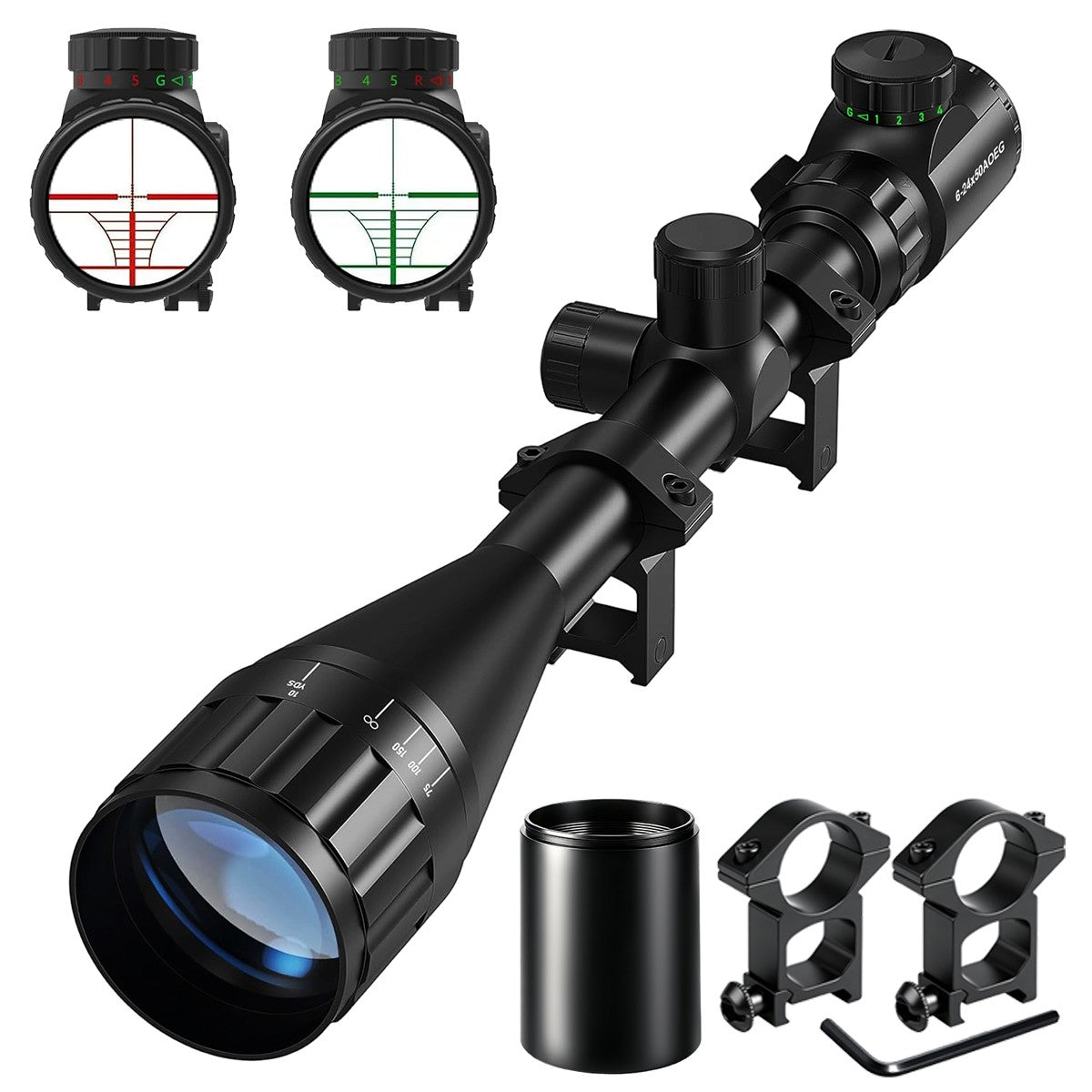 6-24X50 with Red/Green Illuminated Mil-Dot Reticle and 20mm Rail Mount