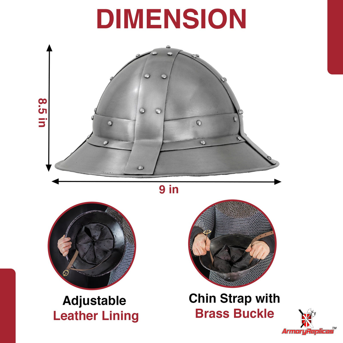 Medieval Kettle Helmet - Forged Steel Siege Prop Helm with Leather Liner