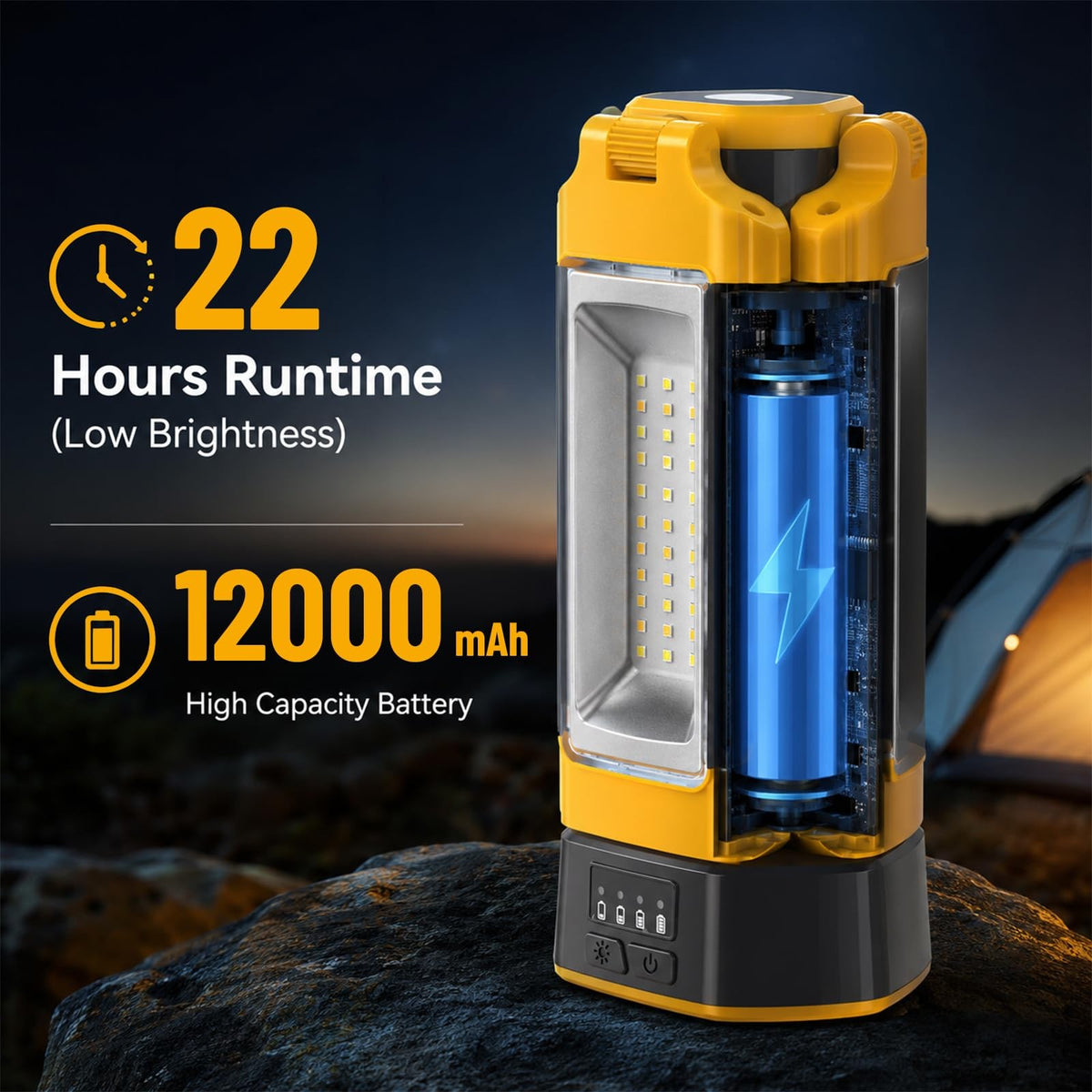 Rechargeable Camping Light with Stand 12000mAh Power Bank 73.2 Inch Yellow