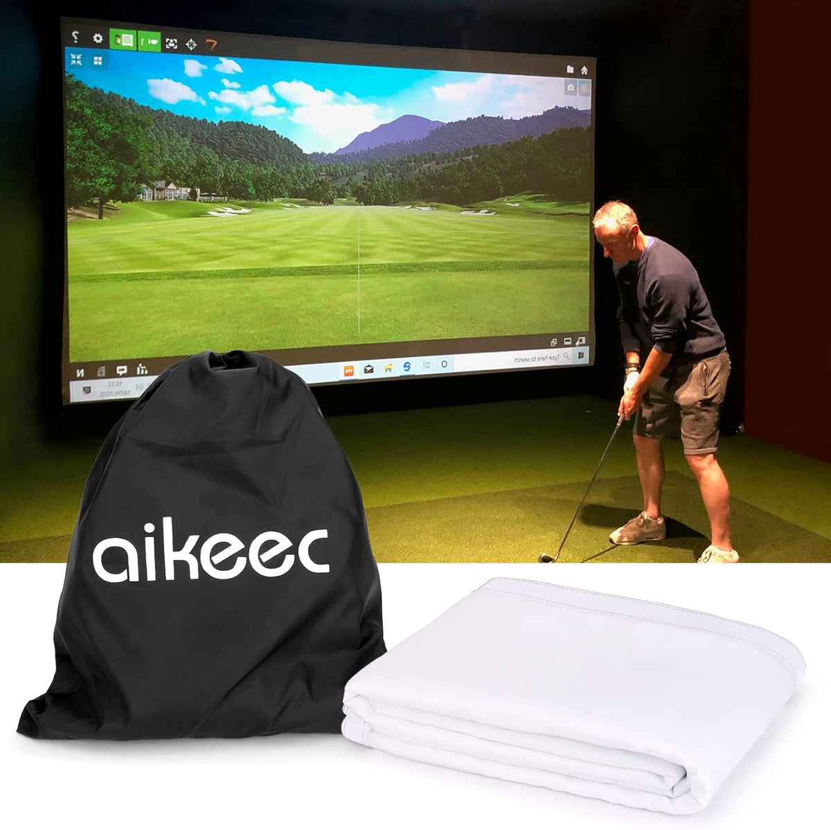 7mm Thickened Golf Impact Screen for Indoor Golf Simulators - 8.5ft x 8.5ft White Polyester with Grommets